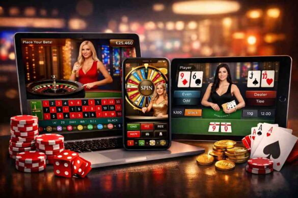Live casino platform interface showing roulette, card games, and wheel gameplay across multiple devices.