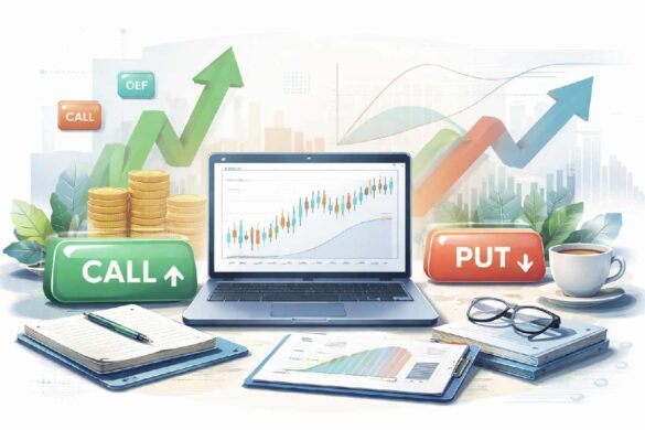 Illustration representing options trading fundamentals with charts, call and put concepts, and risk-reward visuals in a professional investing setting.