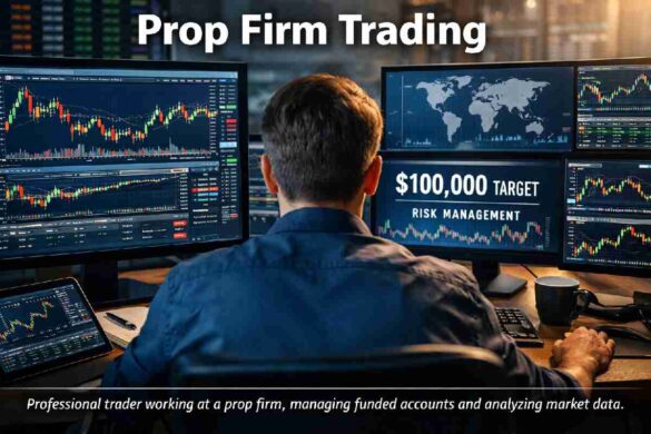 Professional prop firm trader analyzing live market charts while managing a funded trading account.