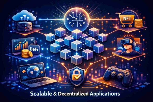 Illustration of scalable and decentralized applications using blockchain, cloud infrastructure, DeFi, NFTs, and security layers