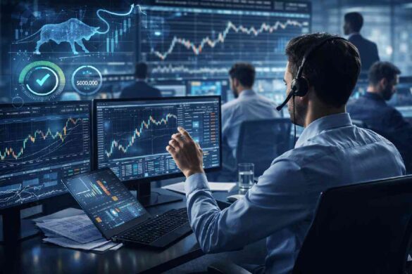 Professional proprietary trading environment showing traders analyzing financial markets and executing trades