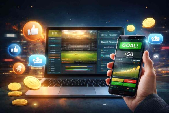 A mobile phone and laptop displaying live gambling interfaces with dynamic visual signals representing real-time feedback and user interaction.