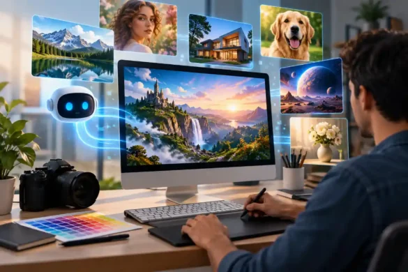 AI image generation helping creators produce visual content using digital design tools and artificial